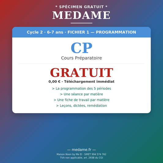 Cours Préparatoire — Spécimen gratuit — Fichier 1 — Programmation et Ressources