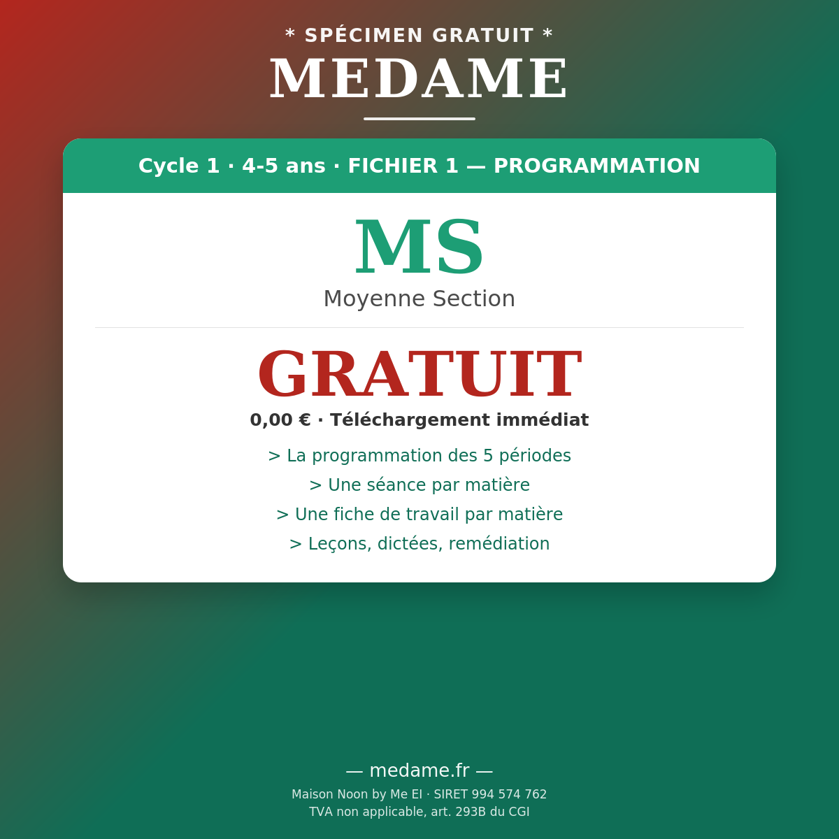 Moyenne Section — Spécimen gratuit — Fichier 1 — Programmation et Ressources
