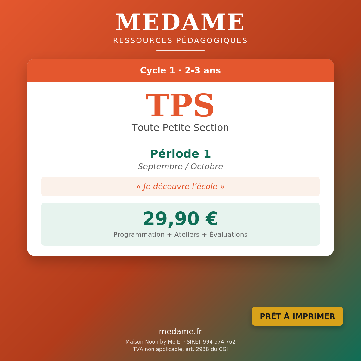 Toute Petite Section — Pack complet — Fichier 1 + Fichier 2 — Période 1 (Septembre-Octobre)