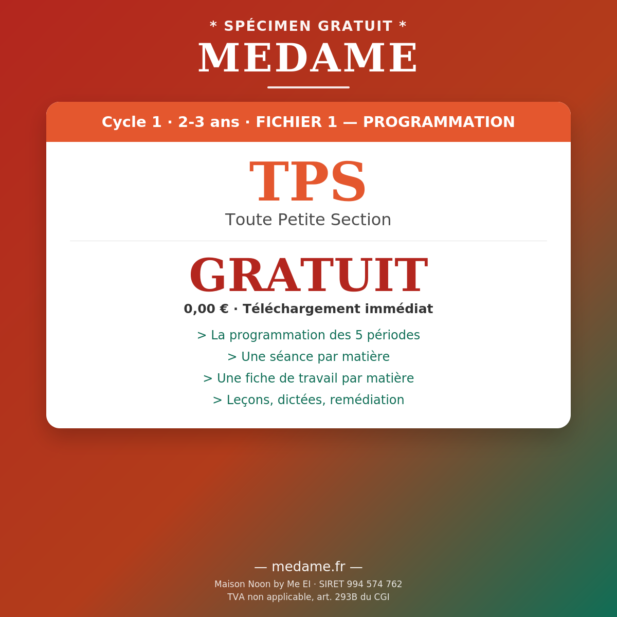 Toute Petite Section — Spécimen gratuit — Fichier 1 — Programmation et Ressources